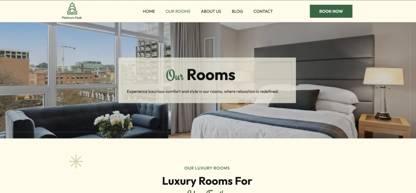 Platinum Peak hotel booking website showcasing luxury rooms