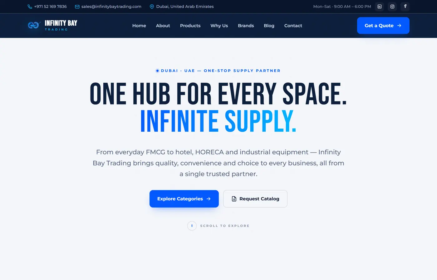 Infinity Bay Trading homepage hero reading 'One hub for every space. Infinite supply.' — a Dubai, UAE one-stop FMCG, HORECA and industrial supply partner, rebuilt on Astro for fast loading